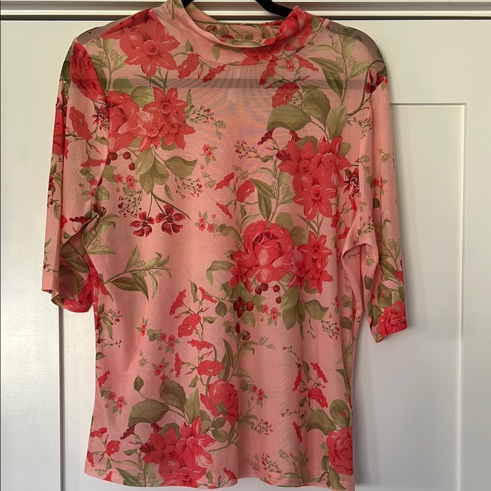 Anthropologie Pink Floral mesh Short Sleeve Top